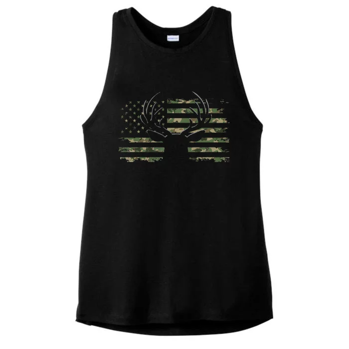 American Flag Camouflage Outdoor Antlers Deer Ladies Tri-Blend Wicking Tank