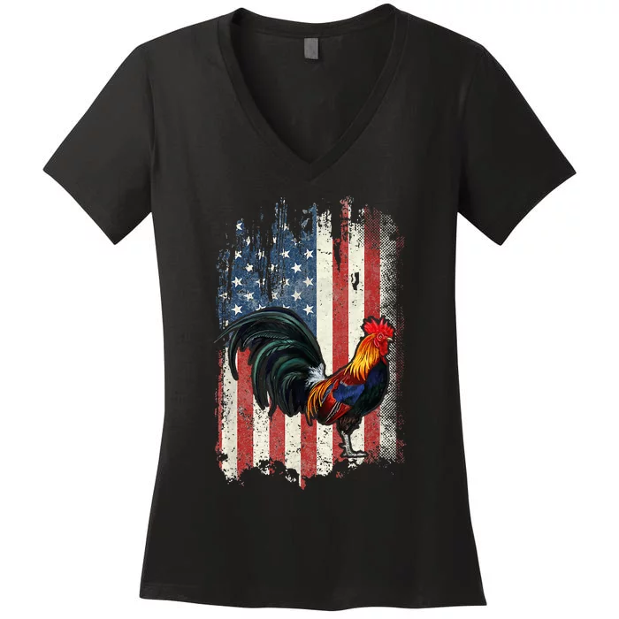 American Flag Cock Fighting Rooster Chicken Women's V-Neck T-Shirt