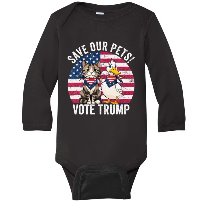 American Flag Cat & Duck Save Our Pets Vote For Trump 2024 Baby Long Sleeve Bodysuit