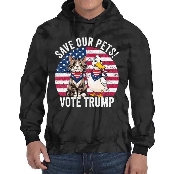 American Flag Cat & Duck Save Our Pets Vote For Trump 2024 Tie Dye Hoodie