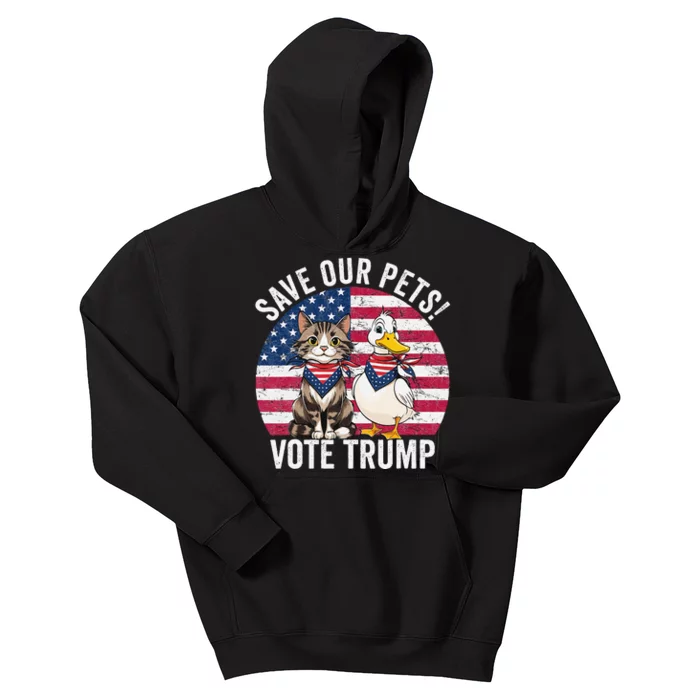 American Flag Cat & Duck Save Our Pets Vote For Trump 2024 Kids Hoodie