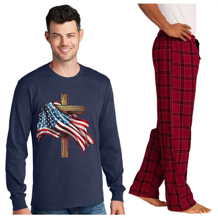 American Flag Christian Cross Jesus 4th Of July Patriotic Long Sleeve Pajama Set