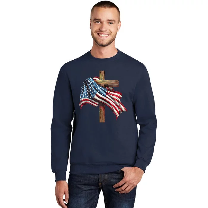 American Flag Christian Cross Jesus 4th Of July Patriotic Tall Sweatshirt