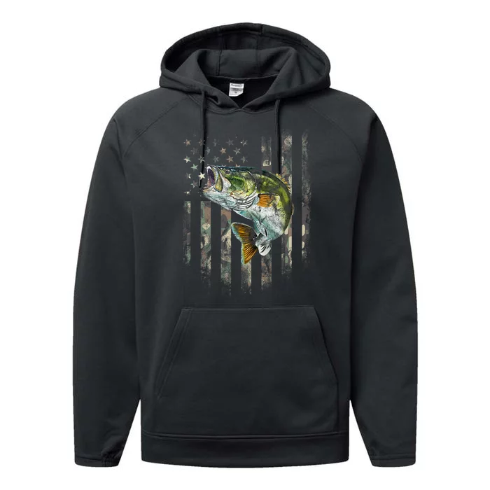 American Flag Camo Bass Fish Fishing Performance Fleece Hoodie