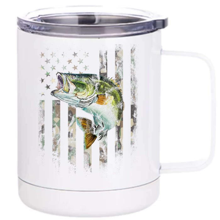 American Flag Camo Bass Fish Fishing Front & Back 12oz Stainless Steel Tumbler Cup