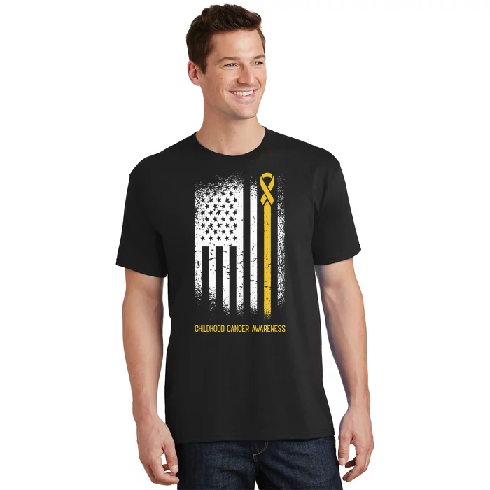 American Flag Childhood Cancer Awareness Ribbon Warrior T-Shirt