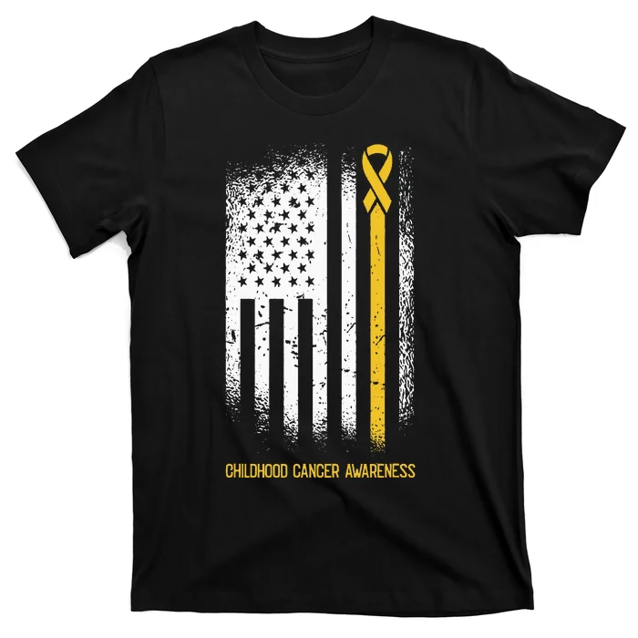 American Flag Childhood Cancer Awareness Ribbon Warrior T-Shirt