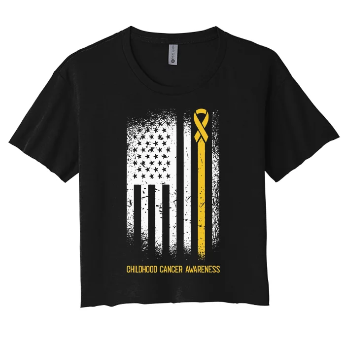 American Flag Childhood Cancer Awareness Ribbon Warrior Women's Crop Top Tee