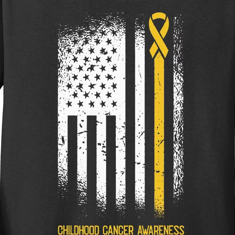 American Flag Childhood Cancer Awareness Ribbon Warrior Kids Long Sleeve Shirt