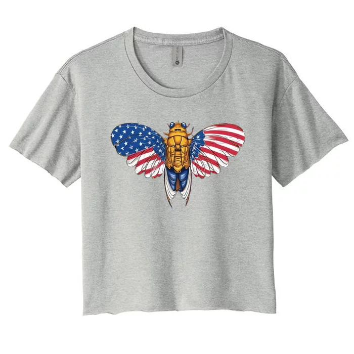 American Flag Cicada 4th Of July Entomologist Insect Bug Gift Women's Crop Top Tee