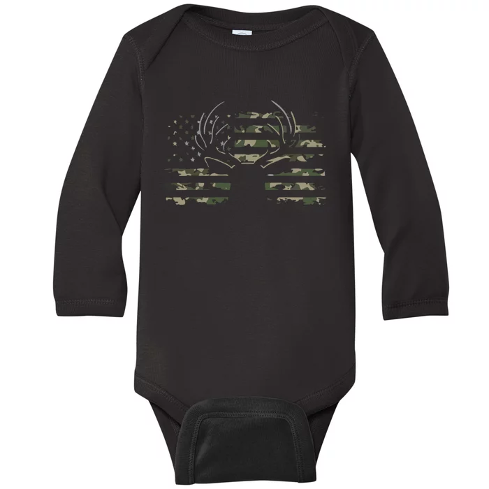 American Flag Camouflage Outdoor Antlers Deer Baby Long Sleeve Bodysuit