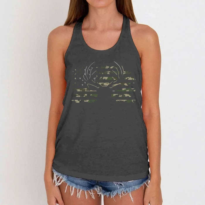 American Flag Camouflage Outdoor Antlers Deer Women's Knotted Racerback Tank