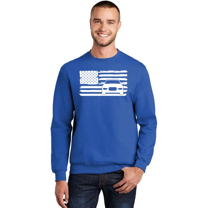 American Flag Car Racing Gift Vintage Usa Flag Auto Racing Funny Gift Tall Sweatshirt