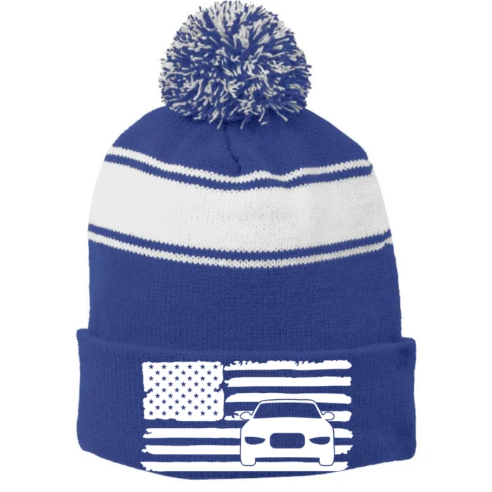 American Flag Car Racing Gift Vintage Usa Flag Auto Racing Funny Gift Stripe Pom Pom Beanie