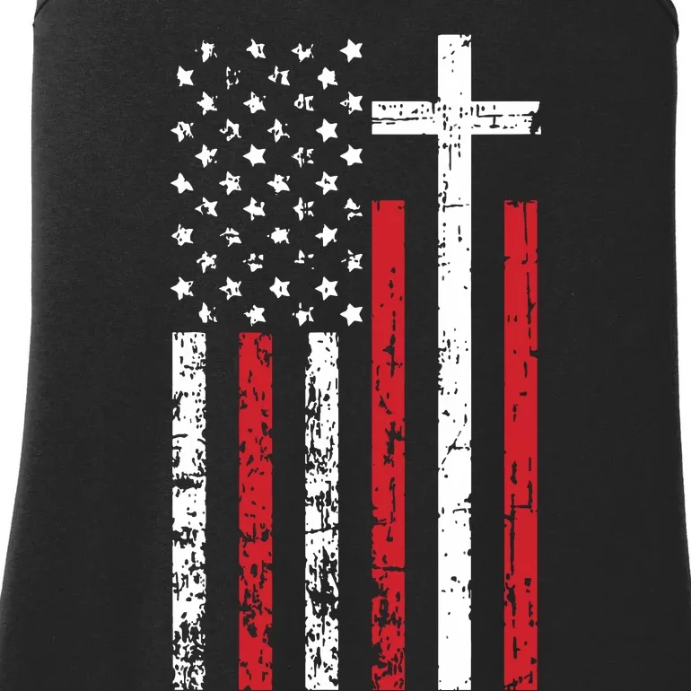 American Flag Cross Christmas Patriotic Religious Christian Ladies Essential Tank