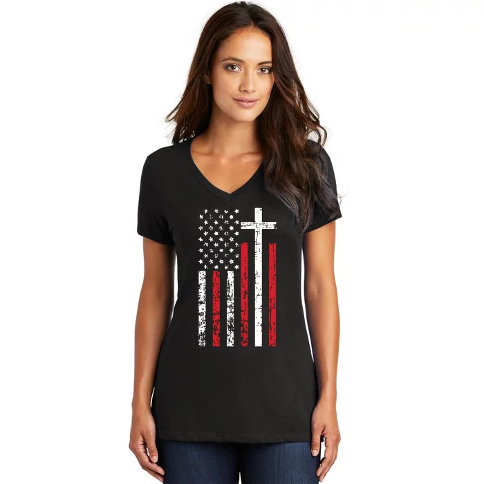 American Flag Cross Christmas Patriotic Religious Christian Women's V-Neck T-Shirt