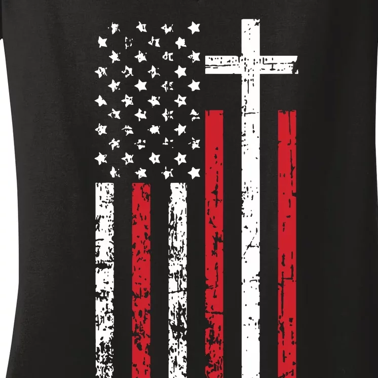 American Flag Cross Christmas Patriotic Religious Christian Women's V-Neck T-Shirt