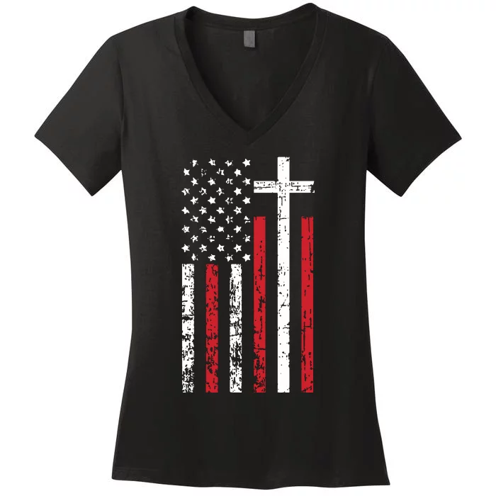 American Flag Cross Christmas Patriotic Religious Christian Women's V-Neck T-Shirt