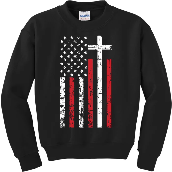 American Flag Cross Christmas Patriotic Religious Christian Kids Sweatshirt