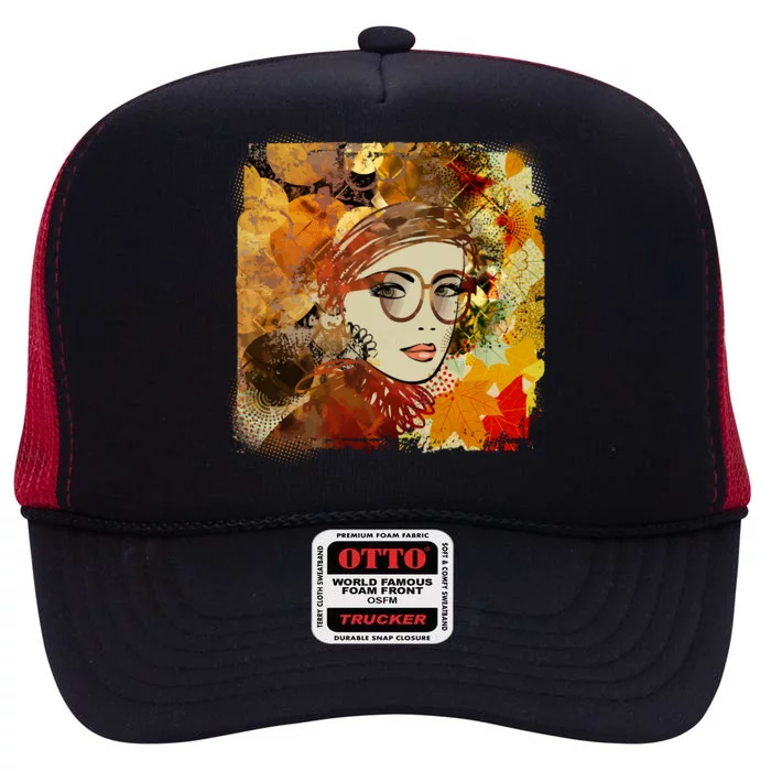 Autumn Fall Colors Glasses Woman High Crown Mesh Trucker Hat