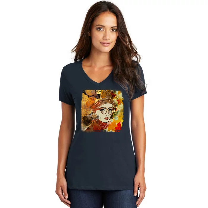 Autumn Fall Colors Glasses Woman Women's V-Neck T-Shirt