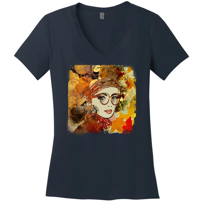 Autumn Fall Colors Glasses Woman Women's V-Neck T-Shirt