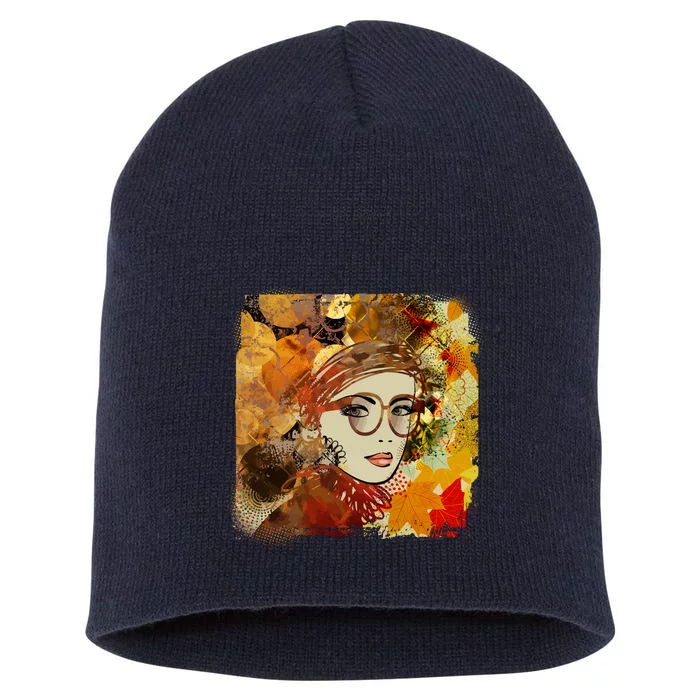 Autumn Fall Colors Glasses Woman Short Acrylic Beanie