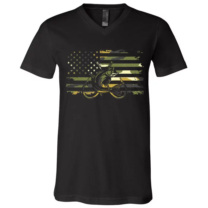 American Flag Camouflage Fishing V-Neck T-Shirt