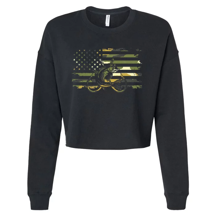 American Flag Camouflage Fishing Cropped Pullover Crew