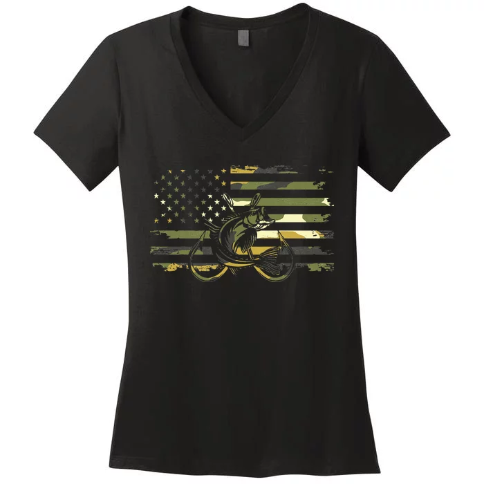 American Flag Camouflage Fishing Women's V-Neck T-Shirt