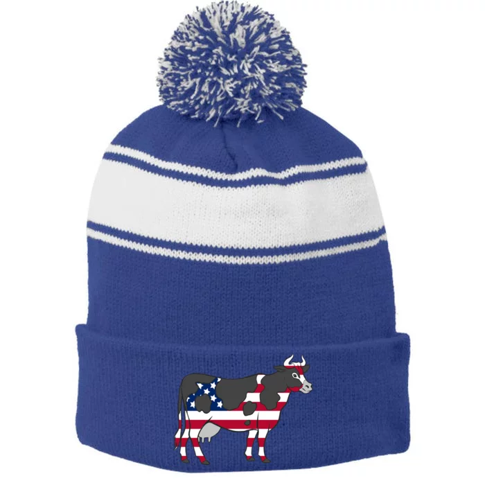 American Flag Cow Lovers Gift Stripe Pom Pom Beanie