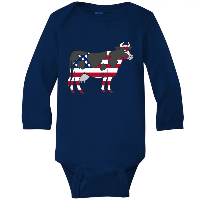 American Flag Cow Lovers Gift Baby Long Sleeve Bodysuit