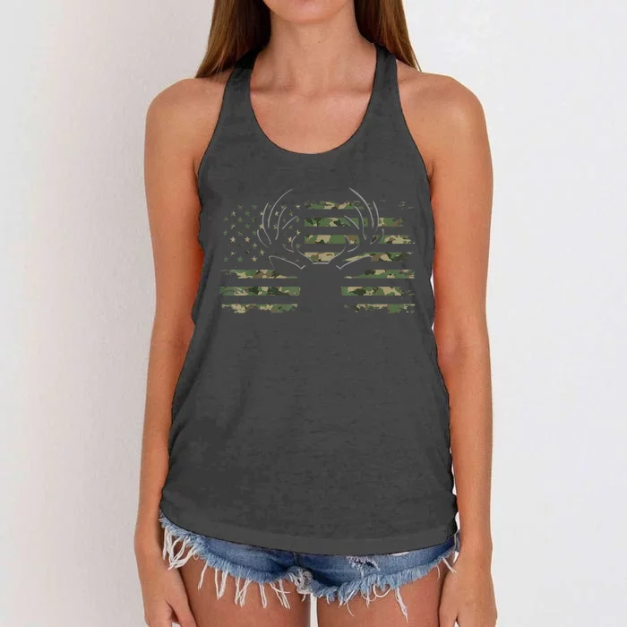 American Flag Camouflage Outdoor Antlers Deer Women's Knotted Racerback Tank