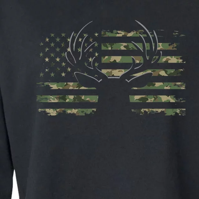 American Flag Camouflage Outdoor Antlers Deer Cropped Pullover Crew