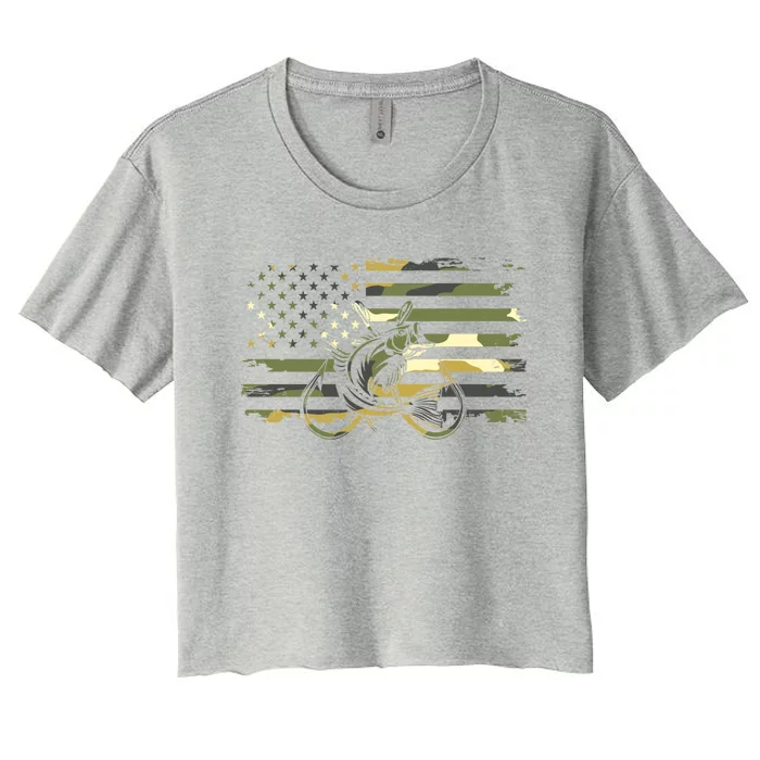 American Flag Camouflage Fishing Gift Fishing Funny Gift Women's Crop Top Tee