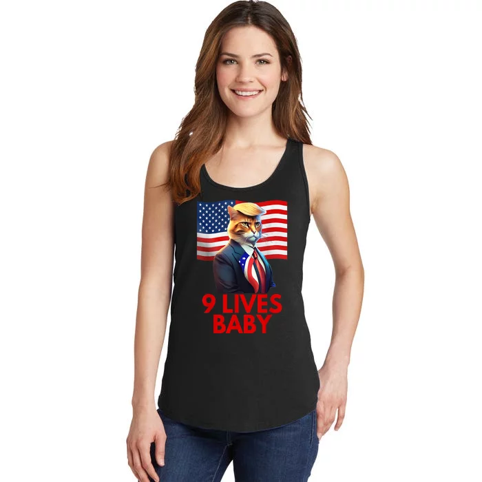 American Flag Cat In Suite With Trump Hair Nine Lives Baby Gift Ladies Essential Tank