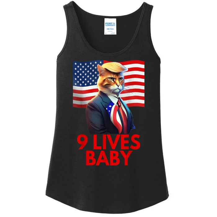 American Flag Cat In Suite With Trump Hair Nine Lives Baby Gift Ladies Essential Tank