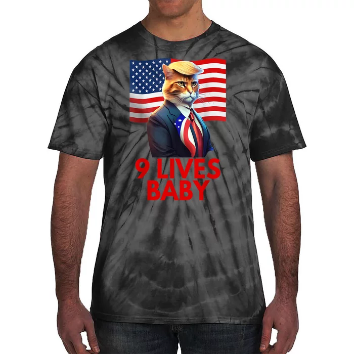 American Flag Cat In Suite With Trump Hair Nine Lives Baby Gift Tie-Dye T-Shirt