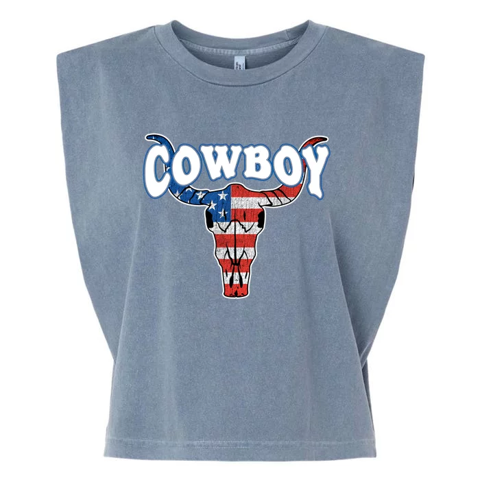 American Flag Cow Skull 4th Of July Rodeo Western Cow Great Gift Garment-Dyed Women's Muscle Tee