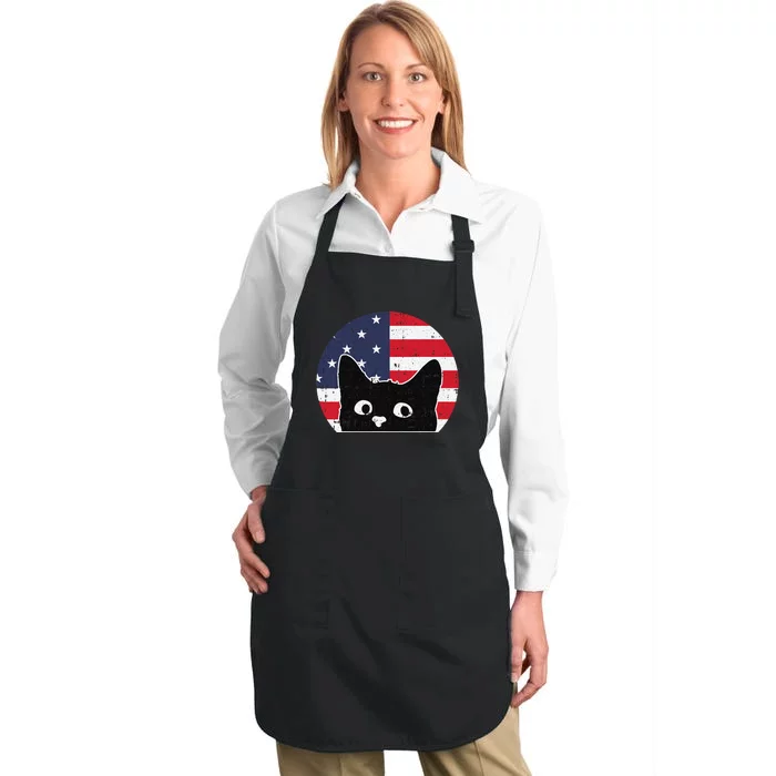 American Flag Cat 4th Of July Kitten Patriotic Pet Lover Full-Length Apron With Pocket