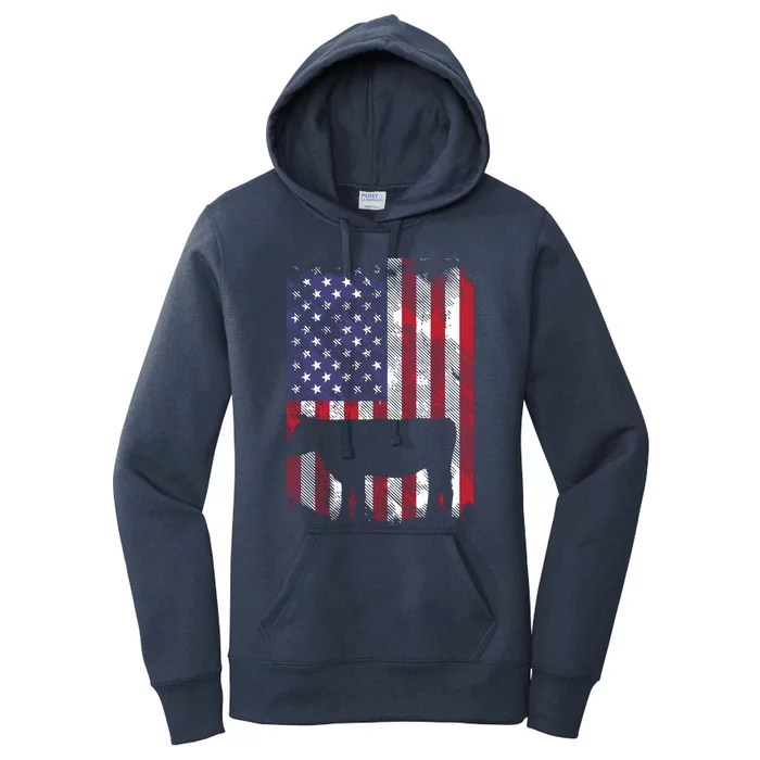 American Flag Cow Vintage Farm Animal Patriotic Farmer Gift Women's Pullover Hoodie