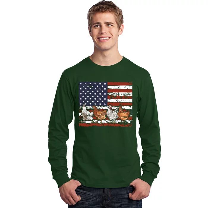 American Flag Chicken 4th Of July Patriotic Farmer Long Sleeve Shirt