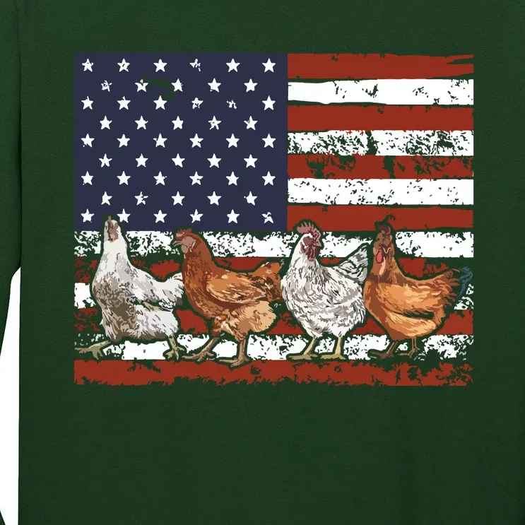 American Flag Chicken 4th Of July Patriotic Farmer Long Sleeve Shirt