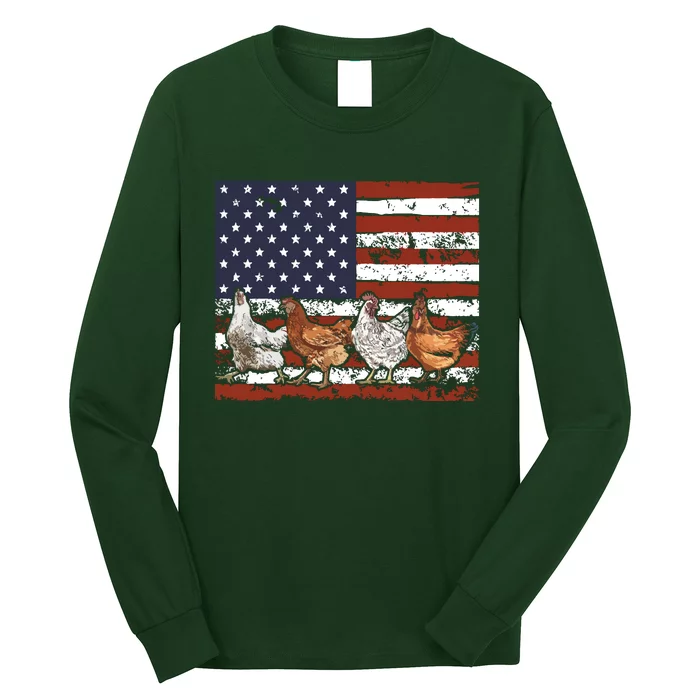 American Flag Chicken 4th Of July Patriotic Farmer Long Sleeve Shirt