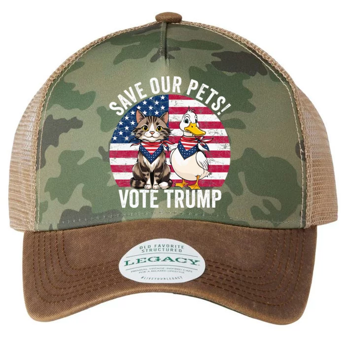 American Flag Cat & Duck Save Our Pets Vote For Trump 2024 Legacy Tie Dye Trucker Hat