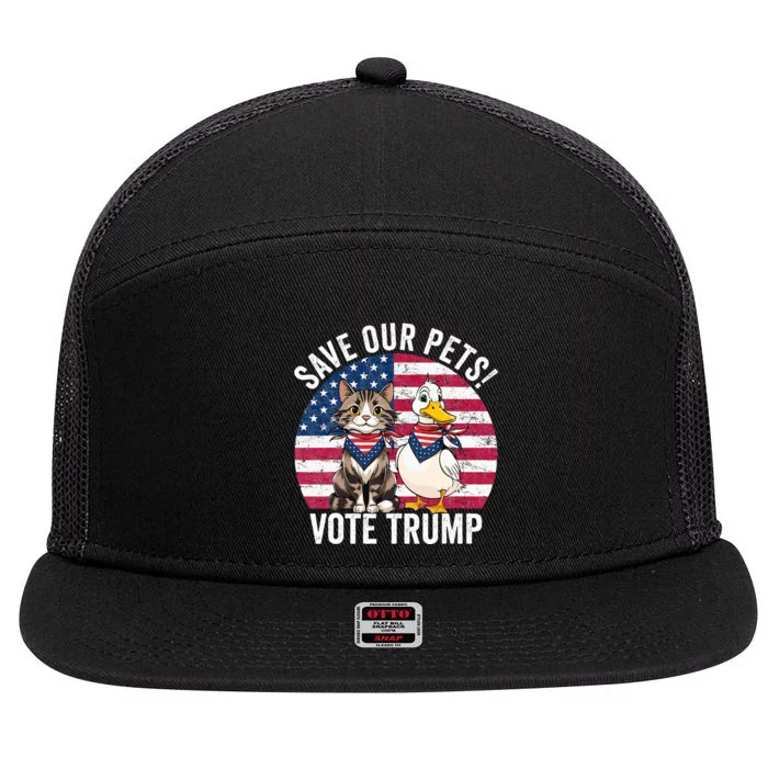 American Flag Cat & Duck Save Our Pets Vote For Trump 2024 7 Panel Mesh Trucker Snapback Hat