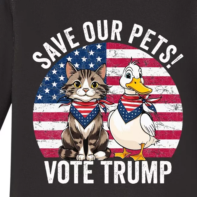 American Flag Cat & Duck Save Our Pets Vote For Trump 2024 Baby Long Sleeve Bodysuit