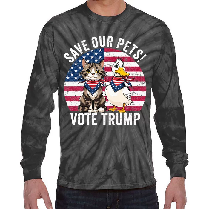 American Flag Cat & Duck Save Our Pets Vote For Trump 2024 Tie-Dye Long Sleeve Shirt