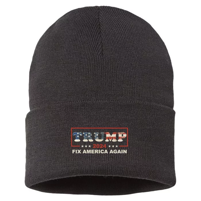 American Flag Conservative Gift With Trump 2024 Fix America Again Sustainable Knit Beanie