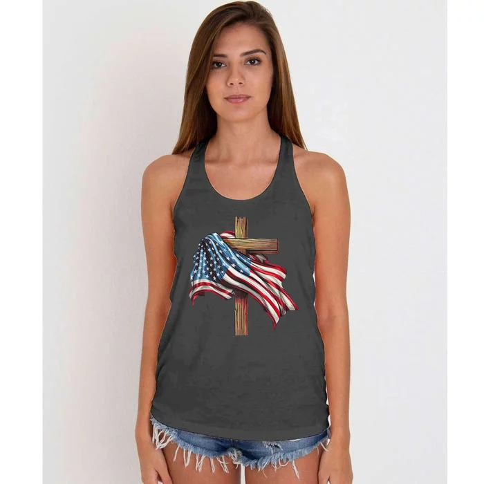 American Flag Christian Cross Jesus Patriotic Women's Knotted Racerback Tank